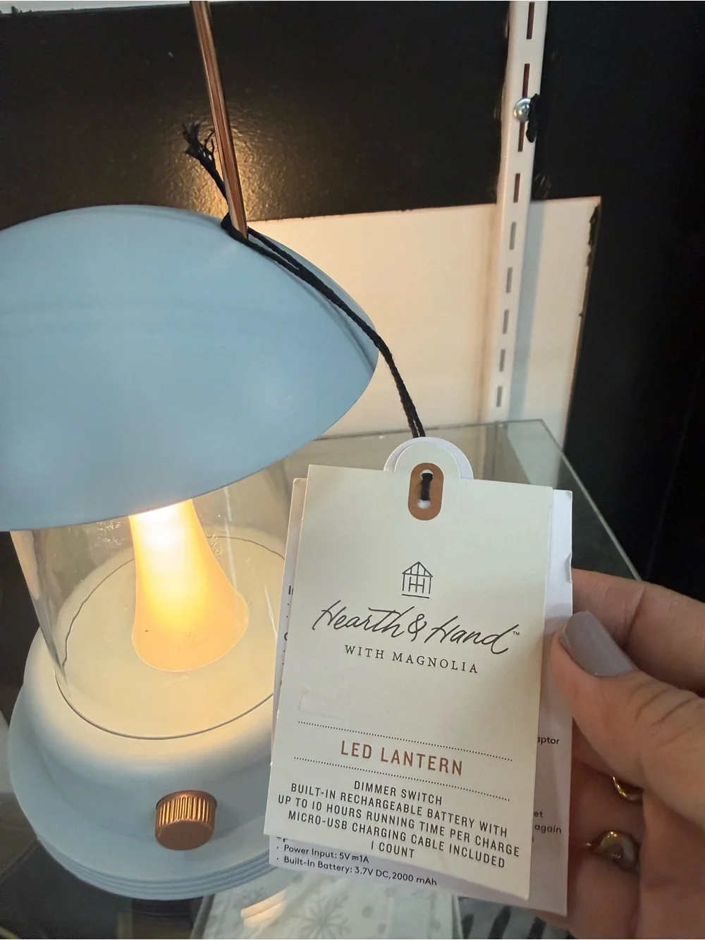 Hearth & Hand Blue Portable LED Lantern with Copper Handle